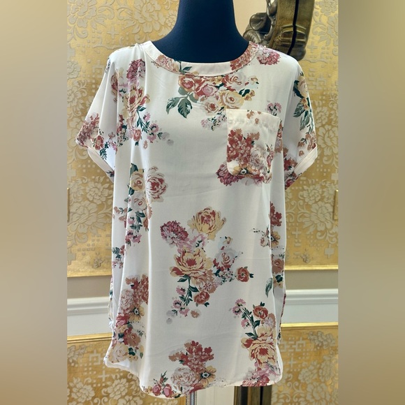 Buffalo David Bitton Floral Short Sleeve Top - White and Pink Size M New No Tag - Picture 5 of 15
